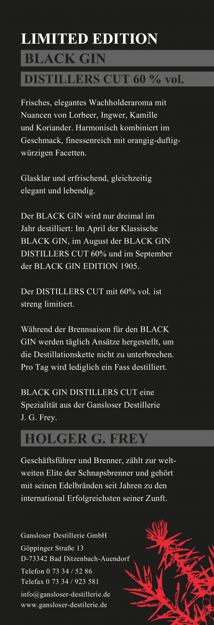 Rückseite der Produktkarte für Black Gin der Gansloser Destillerie GmbH